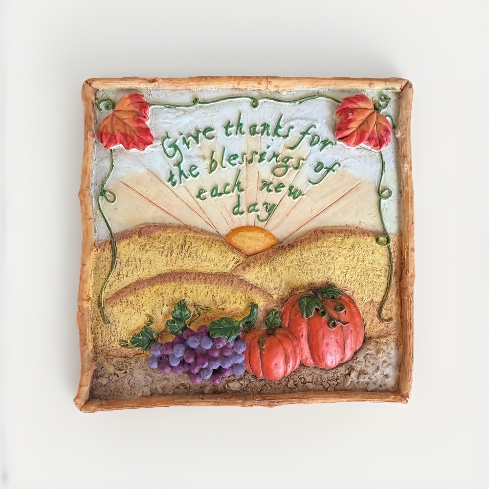 Vintage Russ Berrie Harvest Festival Ceramic Tile‎ Plaque 3D Pumpkin Grapes